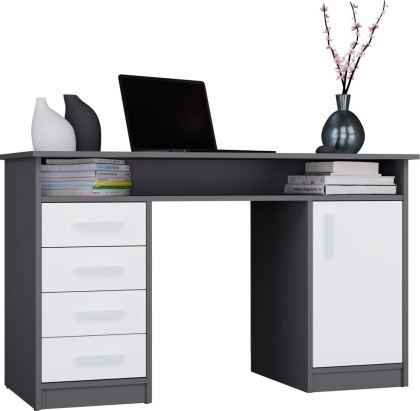 BIURKO ADA ANTRACYT BIAŁY 125 Cm 4 Szuflady Szafka Półki Do Biura Pokoju Na Laptop