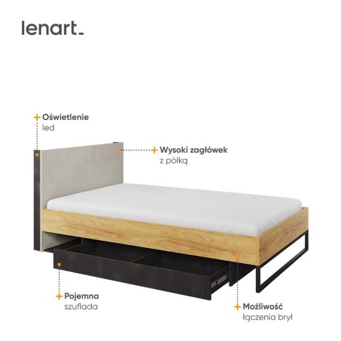 Łóżko 120x200 ze stelażem hikora naturalna/silk flou/raw steel TEEN FLEX TF17