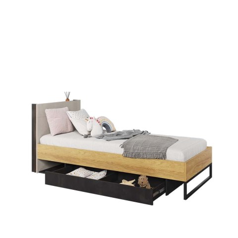Łóżko 90x200 ze stelażem hikora naturalna/silk flou/raw steel TEEN FLEX TF16