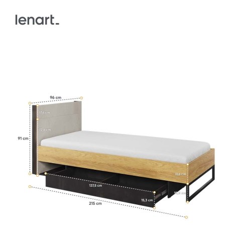 Łóżko 90x200 ze stelażem hikora naturalna/silk flou/raw steel TEEN FLEX TF16