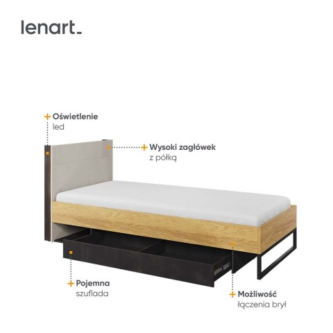 Łóżko 90x200 ze stelażem hikora naturalna/silk flou/raw steel TEEN FLEX TF16