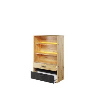 Regał 2S z oświetleniem dąb artisan/raw steel/silk flou QUBIC QB06