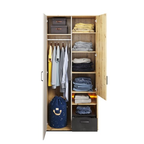 Szafa 2D1S z oświetleniem dąb artisan/raw steel/silk flou QUBIC QB03