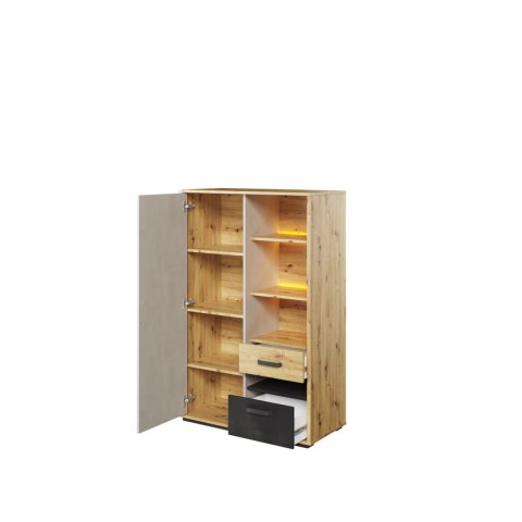 Szafka 1D2S z oświetleniem dąb artisan/raw steel/silk flou QUBIC QB05