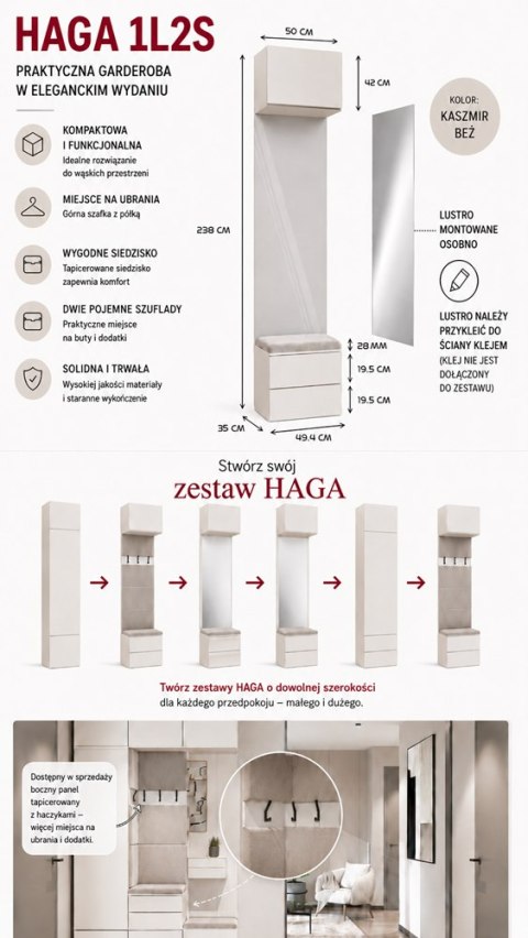Garderoba HAGA 1L2S Szafka 2 Szuflady Do Korytarza KASZMIR BEŻ 238x50x35 cm