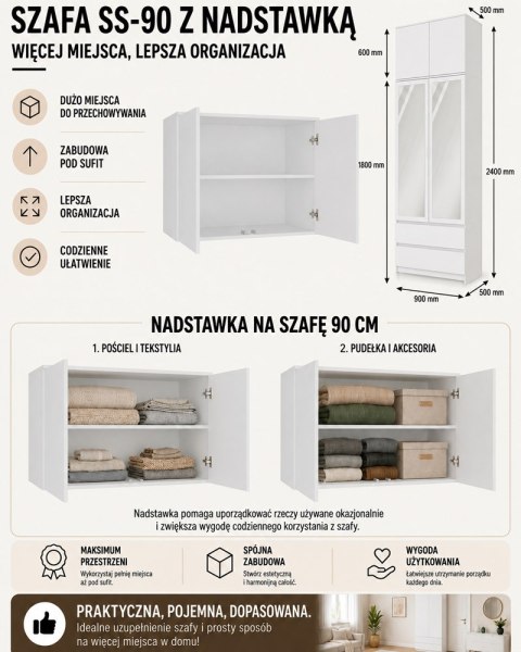 SZAFA Malwa SS-90 Z Lustrem z Nadstawką BIAŁA 2 Drzwi 2 Szuflady Do Pokoju