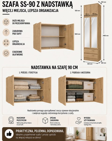 SZAFA Malwa SS-90 Z Lustrem z Nadstawką DĄB ARTISAN 2 Drzwi 2 Szuflady Do Pokoju