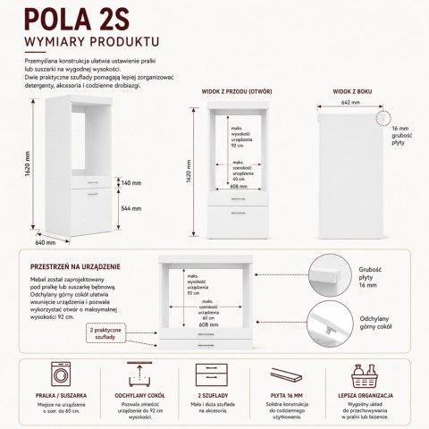 Szafka Łazienkowa Na Pralkę Lub Suszarkę POLA 2S BIAŁA 2 Szuflady Regał