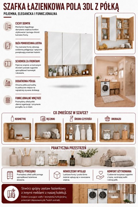 Szafka Łazienkowa Wisząca POLA 3DL/P DĄB ARTISAN 80 Cm 3 Lustra z Półką