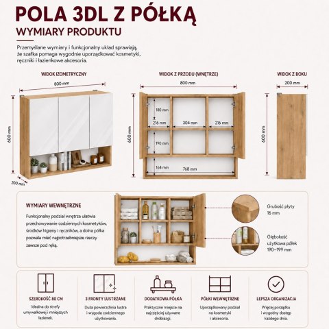 Szafka Łazienkowa Wisząca POLA 3DL/P DĄB ARTISAN 80 Cm 3 Lustra z Półką