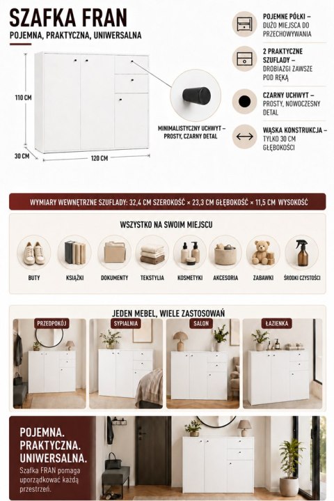 KOMODA FRAN BIAŁY 120 Cm Szafka 3 Drzwi 2 Szuflady 30 Cm Do Salonu Sypialni