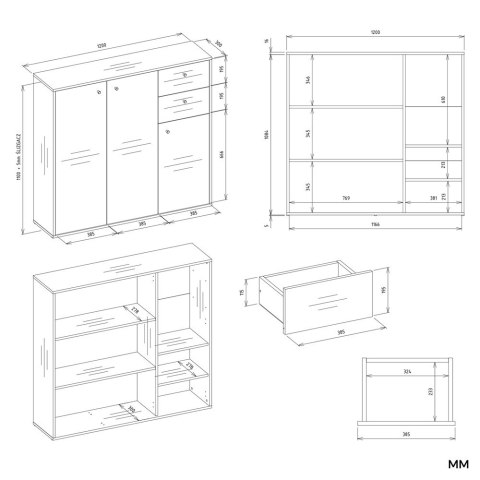 KOMODA FRAN BIAŁY 120 Cm Szafka 3 Drzwi 2 Szuflady 30 Cm Do Salonu Sypialni