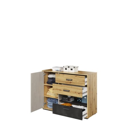 Komoda 1D3S dąb artisan/raw steel/silk flou QUBIC QB07